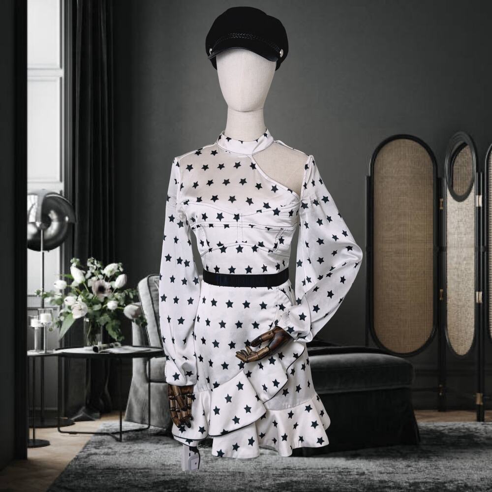 ⭐ Self-Portrait White Star Print Satin Dress | Asymmetric One-Sleeve Frill Mini